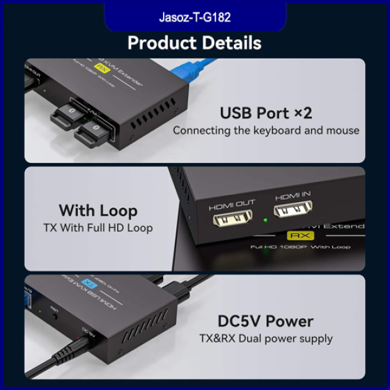 Bộ Kéo Dài KVM HDMI + USB 60M Qua Cáp Mạng Jasoz T-G182 Cat5e/Cat6