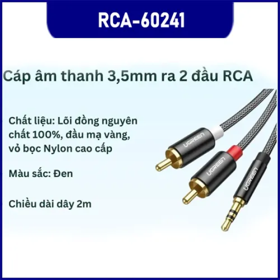 Cáp Audio 3.5mm Ra 2 RCA Ugreen 60241 Dài 2m Bọc Nylon Chính Hãng