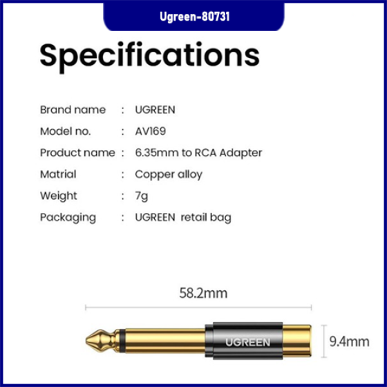 Đầu Chuyển Audio 6.35mm sang RCA Ugreen 80731 Chuyên Nghiệp