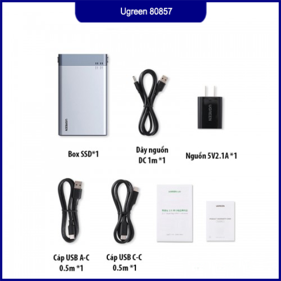 Box Ổ Cứng 2.5 Dual Ugreen 80857 USB-C 3.1 Gen 2 | Hỗ trợ 2 SSD 6TB